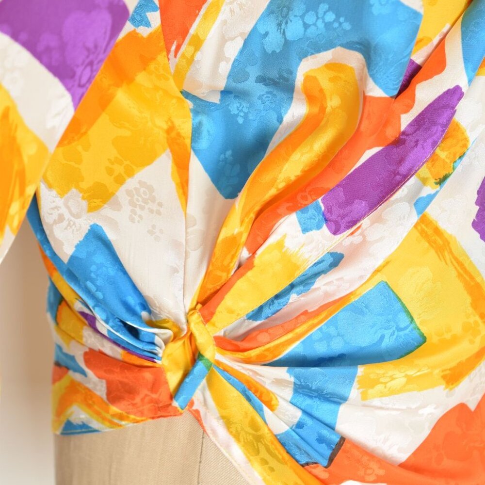vintage 80s silk wrap blouse top shirt white yellow brush stroke print Argenti L - Picture 4 of 10